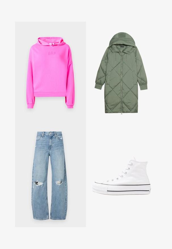 Quilted long green puffer coat with a hood, featuring a front zipper closure and two side pockets. Textured diamond pattern throughout.; Pink cropped hoodie made of soft fabric, featuring a drawstring hood and a subtle GAP logo in the center. Ribbed cuffs and hem.; Light blue, high-waisted jeans made of denim. Feature wide legs, two torn knee areas, and classic five-pocket styling.; White high-top canvas sneaker with black rubber sole, front rubber toe cap, and six eyelets for laces, featuring a clean, minimalist design.