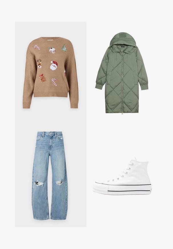Casaco puffer longo verde acolchoado com capuz, apresentando um fecho frontal com zíper e dois bolsos laterais. Padrão texturizado em forma de diamante por todo o casaco.; Pulôver tricotado castanho com designs bordados de tema natalino, incluindo Pai Natal, renas, presentes e bengalas de doce em várias cores.; Jeans de lavagem clara, de cintura alta, feitos de denim. Apresentam pernas largas, duas áreas rasgadas nos joelhos e o estilo clássico de cinco bolsos.; Sapatilha alta de tela branca com sola de borracha preta, bico de borracha na frente e seis ilhós para os atacadores, apresentando um design limpo e minimalista.