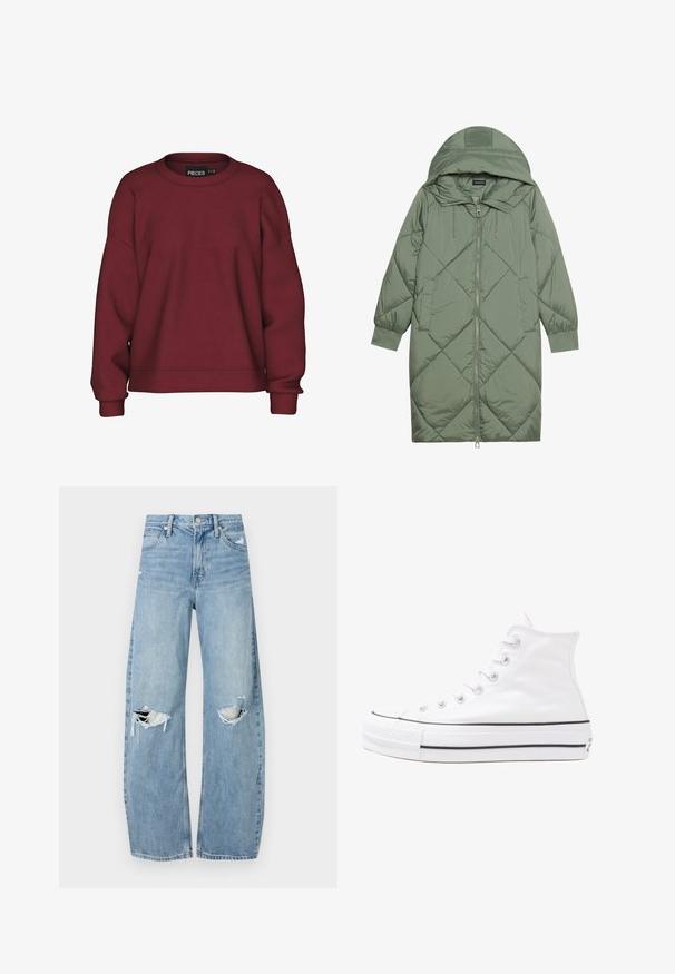 Zelený prešívaný páperový kabát s kapucňou, so zipsovým uzáverom vpredu a dvoma bočnými vreckami. Po celom povrchu je textúrovaný diamantový vzor.; Bordový sveter s okrúhlym výstrihom, vo voľnom strihu, dlhými rukávmi, rebrovanými manžetami a mäkkou bavlnenou zmesou. Jednoduchý dizajn, bez vzorov.; Svetlomodré, vysoké džínsy vyrobené z denimu. Majú široké nohavice, dve roztrhnuté kolená a klasický päťvreckový strih.; Biele vysoké plátené tenisky s čiernou gumovou podošvou, prednou gumovou špičkou a šiestimi okami na šnúrky, s čistým, minimalistickým dizajnom.