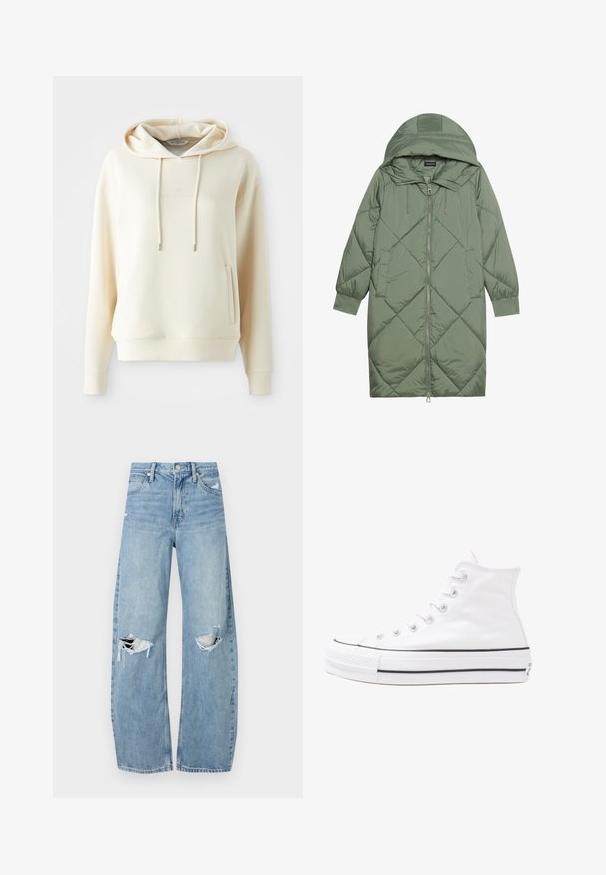 Cappotto lungo imbottito verde con un cappuccio, caratterizzato da una chiusura frontale a zip e due tasche laterali. Motivo a rombi testurizzati su tutta la superficie.; Felpa di colore crema con tasca a marsupio frontale e lacci, presenta un logo testuale tonale in centro sul petto.; Jeans azzurri chiari a vita alta realizzati in denim. Presentano gambe larghe, due aree strappate sulle ginocchia e il classico styling a cinque tasche.; Sneaker alta in tela bianca con suola in gomma nera, punta in gomma frontale e sei asole per i lacci, caratterizzata da un design pulito e minimalista.