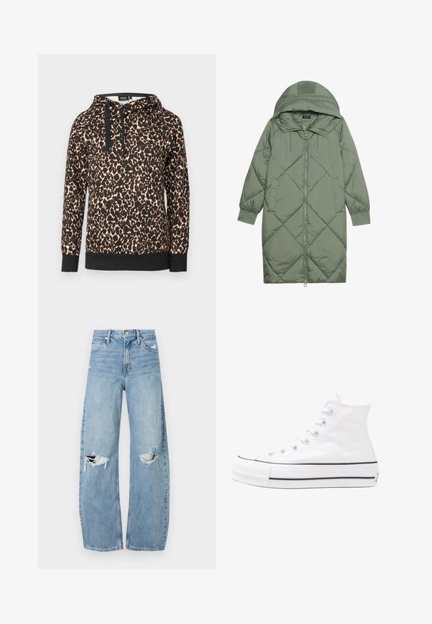 Izšūts garš zaļš pūšļa mētelis ar kapuci, ar priekšējo rāvējslēdzēju un divām sānu kabatām. Visā virsmā ir teksturēta dimanta raksts.; Leonarda drukas kapucīna sporta krekls mīkstā audumā, ar melnu kontrastējošu apakšmalu un auklām. Brīvs piegriezums ar garām piedurknēm.; Gaiši zili, augstās vidukļa džinsi, kas izgatavoti no denima. Iespējas plašas kājas, divas plēstas ceļa daļas un klasiskā piecu kabatu dizains.; Balti augstie kanvas sporta apavi ar melnu gumijas zoli, priekšējo gumijas purngalu un sešām acīm lencēm, kuriem ir tīrs, minimālistisks dizains.