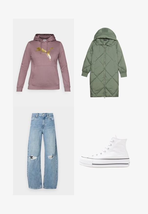 Gesteppten langer grüner Daunenmantel mit Kapuze, mit einem Reißverschluss vorne und zwei Seitentaschen. Strukturiertes Rautenmuster auf der gesamten Fläche.; Rosa Kapuzenpullover aus weichem Stoff, mit einem goldenen Puma-Logo auf der Brust, Kängurutasche und verstellbarem Kordelzug in der Kapuze.; Helles, hochtailliertes Jeans aus Denim. Hat weit geschnittene Beine, zwei aufgerissene Kniebereiche und klassischen Fünf-Taschen-Stil.; Weiße hochwertige Leinensneaker mit schwarzer Gummisohle, vorderem Gummizehenschutz und sechs Ösen für Schnürsenkel, die ein sauberes, minimalistisches Design aufweisen.