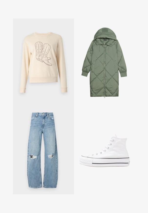 Quilted long green puffer coat with a hood, featuring a front zipper closure and two side pockets. Textured diamond pattern throughout.; JDY PARIS EMB RS NOOS - Sweatshirt - whitecap gray; Light blue, high-waisted jeans made of denim. Feature wide legs, two torn knee areas, and classic five-pocket styling.; White high-top canvas sneaker with black rubber sole, front rubber toe cap, and six eyelets for laces, featuring a clean, minimalist design.