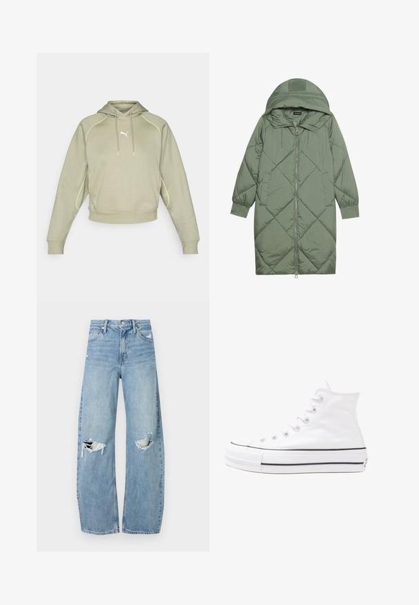 Zelený prešívaný páperový kabát s kapucňou, so zipsovým uzáverom vpredu a dvoma bočnými vreckami. Po celom povrchu je textúrovaný diamantový vzor.; Svetlozelená skrátená mikina s kapucňou so žltými švami, klokaními vreckami a malým bielym logom na hrudi. Mäkká textúra látky.; Svetlomodré, vysoké džínsy vyrobené z denimu. Majú široké nohavice, dve roztrhnuté kolená a klasický päťvreckový strih.; Biele vysoké plátené tenisky s čiernou gumovou podošvou, prednou gumovou špičkou a šiestimi okami na šnúrky, s čistým, minimalistickým dizajnom.