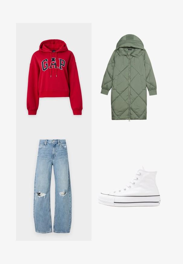 Manteau matelassé long vert avec capuche, doté d'une fermeture éclair à l'avant et de deux poches latérales. Motif en losanges texturé sur toute sa surface.; Haut court rouge en coton avec un logo "GAP" brodé bleu marine et un détail en forme de cœur. Comprend un cordon de serrage et des manches longues.; Jeans en denim bleu clair à taille haute. Présentent des jambes larges, deux zones déchirées aux genoux et un style classique à cinq poches.; Baskets montantes en toile blanche avec semelle en caoutchouc noir, capuchon en caoutchouc à l'avant, et six œillets pour les lacets, présentant un design épuré et minimaliste.