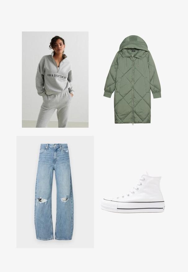 Abrigo acolchado largo verde tipo puffer con capucha, que presenta un cierre frontal con cremallera y dos bolsillos laterales. Patrón de diamantes texturizado en toda su superficie.; Sudadera gris con cremallera en el cuello y un logo en la mitad. Combinada con pantalones de chándal gris a juego con una cinturilla elástica.; Vaqueros de mezclilla de tiro alto en azul claro. Tienen piernas anchas, dos áreas desgastadas en las rodillas y un estilo clásico de cinco bolsillos.; Zapatilla de lona alta blanca con suela de goma negra, puntera de goma frontal y seis ojetes para los cordones, que presenta un diseño limpio y minimalista.