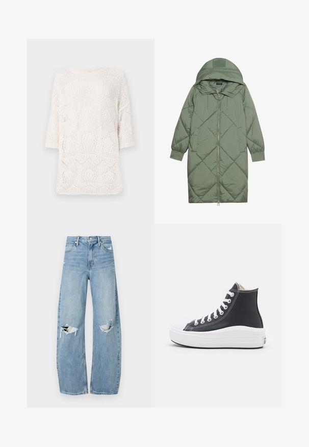 Zelený prešívaný páperový kabát s kapucňou, so zipsovým uzáverom vpredu a dvoma bočnými vreckami. Po celom povrchu je textúrovaný diamantový vzor.; Biely pletený top s geometrickým otvoreným vzorom, okrúhlym výstrihom a krátkymi rukávmi. Ľahká a štruktúrovaná tkanina.; Svetlomodré, vysoké džínsy vyrobené z denimu. Majú široké nohavice, dve roztrhnuté kolená a klasický päťvreckový strih.; Čierne vysoké tenisky s bielymi šnúrkami a gumovou podrážkou. Majú hladký kožený povrch a biele švy.