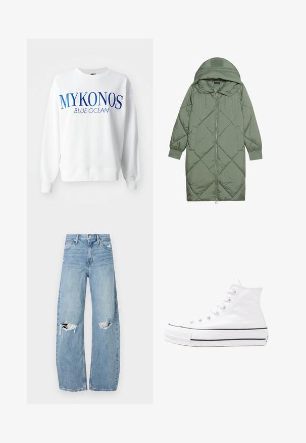 Steppelt, hosszú zöld pufikabát kapucnival, elöl cipzáras záródással és két oldalsó zsebből áll. Az anyagon teljes hosszában váltakozó gyémántmintázat található.; Fehér pulóver kék "MYKONOS BLUE OCEAN" felirattal. Kerek nyakkivágással, hosszú ujjakkal és bordás mandzsettával, valamint alsó szegéllyel rendelkezik. Puha pamut anyagból készült.; Világoskék, magas derekú farmernadrág. Széles lábakkal, két szakadt térddel és klasszikus öt zsebes dizájnnal rendelkezik.; Fehér magaskorsó vászon sportcipő fekete gumi talppal, elülső gumi orrnyereggel és hat fűzőlyukkal, letisztult, minimalista dizájnnal.
