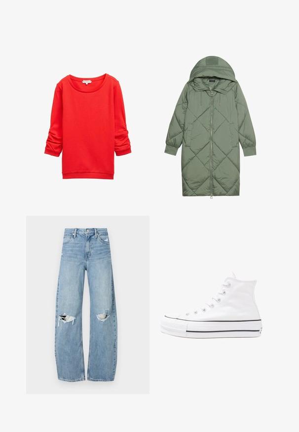 Pistetud pikk roheline puffermantel kapuutsiga, esiküljel tõmblukuga ja kahe küljetaskuga. Kogu pinnal on struktureeritud rombikujundus.; Punane särk ümmarguse kaelusega, pikkade varrukatega, millel on kogumise detailid ja tekstureeritud kangamuster. Ribatud varrukasääred ja äär.; Heledad hallideega sinised teksad, millel on kõrge talje. Teksade jalgadel on lai alus, kaks rebitud kohta põlvede ümber ning klassikaline viie tasku stiil.; Valge kõrgem kangast tenniseking, millel on must kummist tald, ees kummist varvasetugi ja kuus aukku paelte jaoks, pakkudes puhta ja minimalistliku disaini.