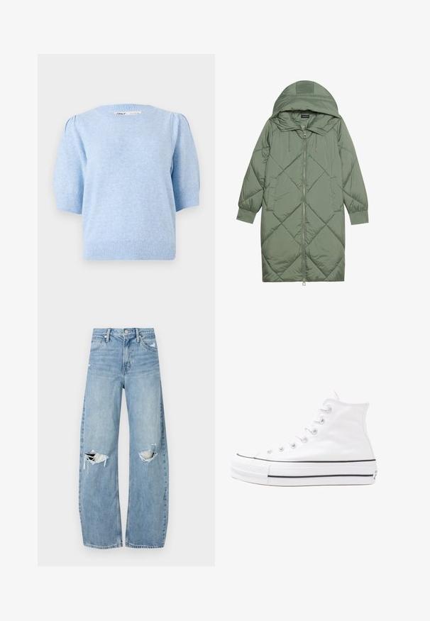 Casaco puffer longo verde acolchoado com capuz, apresentando um fecho frontal com zíper e dois bolsos laterais. Padrão texturizado em forma de diamante por todo o casaco.; Suéter de malha azul claro com decote redondo, mangas curtas bufantes e bainha canelada. Textura suave com um padrão levemente mesclado.; Jeans de lavagem clara, de cintura alta, feitos de denim. Apresentam pernas largas, duas áreas rasgadas nos joelhos e o estilo clássico de cinco bolsos.; Sapatilha alta de tela branca com sola de borracha preta, bico de borracha na frente e seis ilhós para os atacadores, apresentando um design limpo e minimalista.