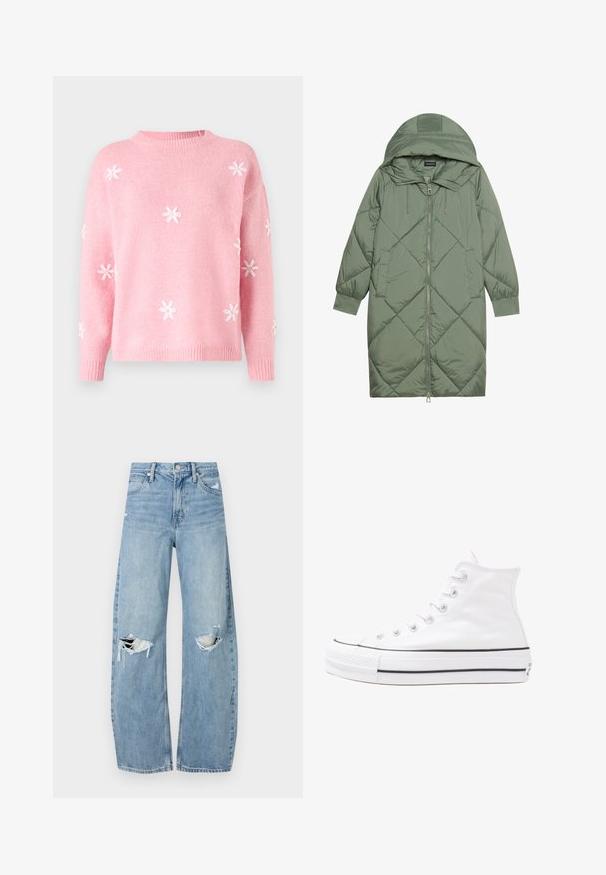 Κοντό πράσινο πούπερ μπουφάν με κουκούλα, διαθέτοντας κεντρικό φερμουάρ και δύο πλαϊνές τσέπες. Υφασμάτινο σχέδιο με ρόμβους σε όλη την επιφάνεια.; Ροζ πλεκτό πουλόβερ με στρογγυλή λαιμόκοψη και μακριά μανίκια. Διαθέτει κεντημένα λευκά λουλούδια μαργαρίτας γύρω από το σώμα. Απαλή υφή.; Ανοιχτόμπλε, ψηλόμεσα τζιν φτιαγμένα από τζιν ύφασμα. Διαθέτουν φαρδιές καμπάνες, δύο σκισμένα γόνατα και κλασικό στιλ πέντε τσεπών.; Λευκό ψηλό καμβαδάκι αθλητικό παπούτσι με μαύρη καουτσούκ σόλα, πρόσθιο καουτσούκ καλύμματος δακτύλου και έξι οπές για κορδόνια, με μια καθαρή και μίνιμαλ σχεδίαση.