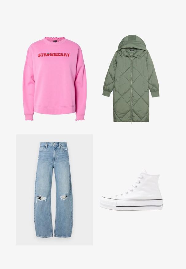 Cappotto lungo imbottito verde con un cappuccio, caratterizzato da una chiusura frontale a zip e due tasche laterali. Motivo a rombi testurizzati su tutta la superficie.; Felpa rosa con colletto e polsini arricciati, con la scritta "STRAWBERRY" in grassetto rosso e un'immagine di fragola verde sopra il testo.; Jeans azzurri chiari a vita alta realizzati in denim. Presentano gambe larghe, due aree strappate sulle ginocchia e il classico styling a cinque tasche.; Sneaker alta in tela bianca con suola in gomma nera, punta in gomma frontale e sei asole per i lacci, caratterizzata da un design pulito e minimalista.
