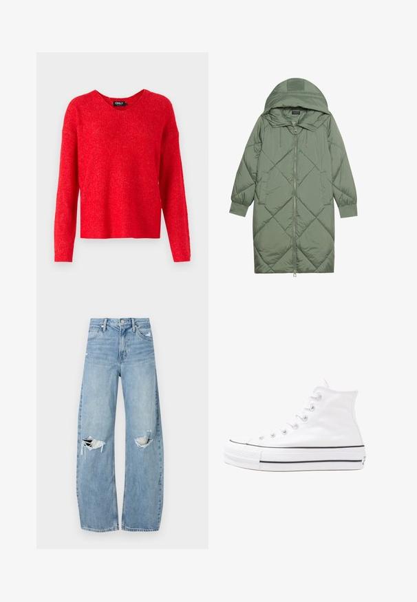 Steppelt, hosszú zöld pufikabát kapucnival, elöl cipzáras záródással és két oldalsó zsebből áll. Az anyagon teljes hosszában váltakozó gyémántmintázat található.; ONLY ONLCAMILLA V NECK - Pulóver - true red; Világoskék, magas derekú farmernadrág. Széles lábakkal, két szakadt térddel és klasszikus öt zsebes dizájnnal rendelkezik.; Fehér magaskorsó vászon sportcipő fekete gumi talppal, elülső gumi orrnyereggel és hat fűzőlyukkal, letisztult, minimalista dizájnnal.