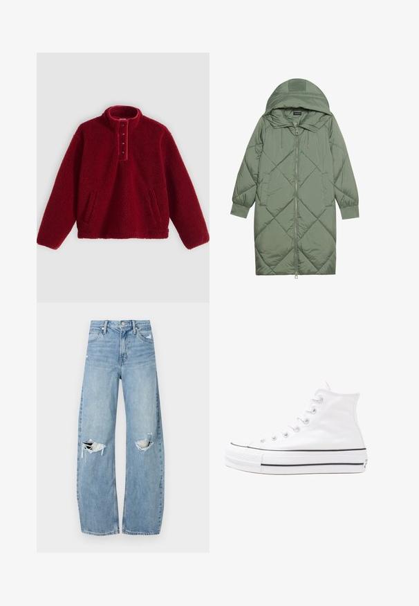 Gesteppten langer grüner Daunenmantel mit Kapuze, mit einem Reißverschluss vorne und zwei Seitentaschen. Strukturiertes Rautenmuster auf der gesamten Fläche.; Roter Fleecepullover mit hohem Kragen und Vier-Knopf-Leiste, ausgestattet mit zwei Seitentaschen und einer weichen, strukturierten Oberfläche.; Helles, hochtailliertes Jeans aus Denim. Hat weit geschnittene Beine, zwei aufgerissene Kniebereiche und klassischen Fünf-Taschen-Stil.; Weiße hochwertige Leinensneaker mit schwarzer Gummisohle, vorderem Gummizehenschutz und sechs Ösen für Schnürsenkel, die ein sauberes, minimalistisches Design aufweisen.