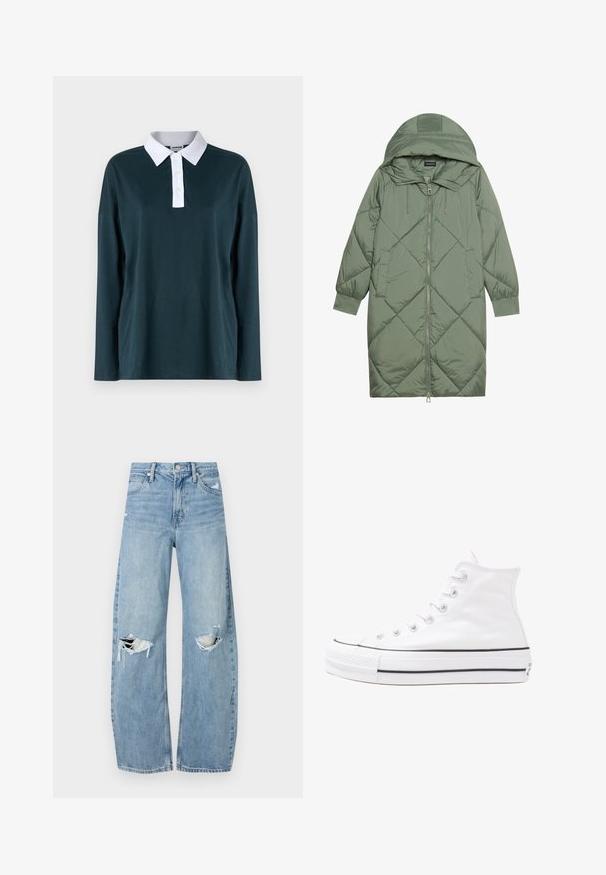 Zelený prešívaný páperový kabát s kapucňou, so zipsovým uzáverom vpredu a dvoma bočnými vreckami. Po celom povrchu je textúrovaný diamantový vzor.; Dlhý rukáv polo tričko v tmavo zelenomodrej farbe, s bielym golierom a zapínaním na gombíky. Hladká látka s uvoľneným strihom a spustenými plecami.; Svetlomodré, vysoké džínsy vyrobené z denimu. Majú široké nohavice, dve roztrhnuté kolená a klasický päťvreckový strih.; Biele vysoké plátené tenisky s čiernou gumovou podošvou, prednou gumovou špičkou a šiestimi okami na šnúrky, s čistým, minimalistickým dizajnom.