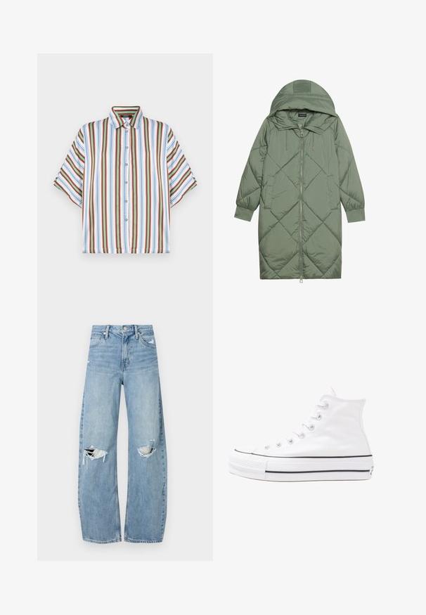 Quilted long green puffer coat with a hood, featuring a front zipper closure and two side pockets. Textured diamond pattern throughout.; Short-sleeve button-up shirt featuring vertical stripes in red, blue, green, and white. Made from lightweight fabric with a classic collar.; Light blue, high-waisted jeans made of denim. Feature wide legs, two torn knee areas, and classic five-pocket styling.; White high-top canvas sneaker with black rubber sole, front rubber toe cap, and six eyelets for laces, featuring a clean, minimalist design.