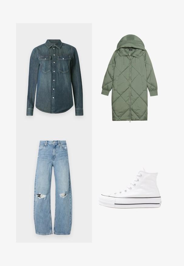 Vadderad lång grön pufferjacka med huva, med en framsidan dragkedjestängning och två sidofickor. Strukturerad diamantmönster över hela plagget.; Mörkblå långärmad denimskjorta med spetsig krage, två bröstfickor och knappstängning fram.; Ljusblå, högmidjade jeans i denim. Har vida ben, två slitna knäområden och klassisk femfickedesign.; Vit hög topp canvas sneaker med svart gummisulan, framsidan gummitåhätta och sex öglor för snören, med en ren, minimalistisk design.