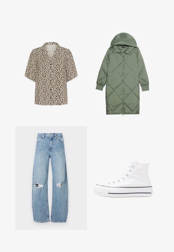 Zelený prešívaný páperový kabát s kapucňou, so zipsovým uzáverom vpredu a dvoma bočnými vreckami. Po celom povrchu je textúrovaný diamantový vzor.; Košeľa s krátkym rukávom v béžovej farbe s leopardím vzorom, s vyrezávaným golierom, zapínaním na gombíky a ľahkým materiálom s hladkou textúrou.; Svetlomodré, vysoké džínsy vyrobené z denimu. Majú široké nohavice, dve roztrhnuté kolená a klasický päťvreckový strih.; Biele vysoké plátené tenisky s čiernou gumovou podošvou, prednou gumovou špičkou a šiestimi okami na šnúrky, s čistým, minimalistickým dizajnom.