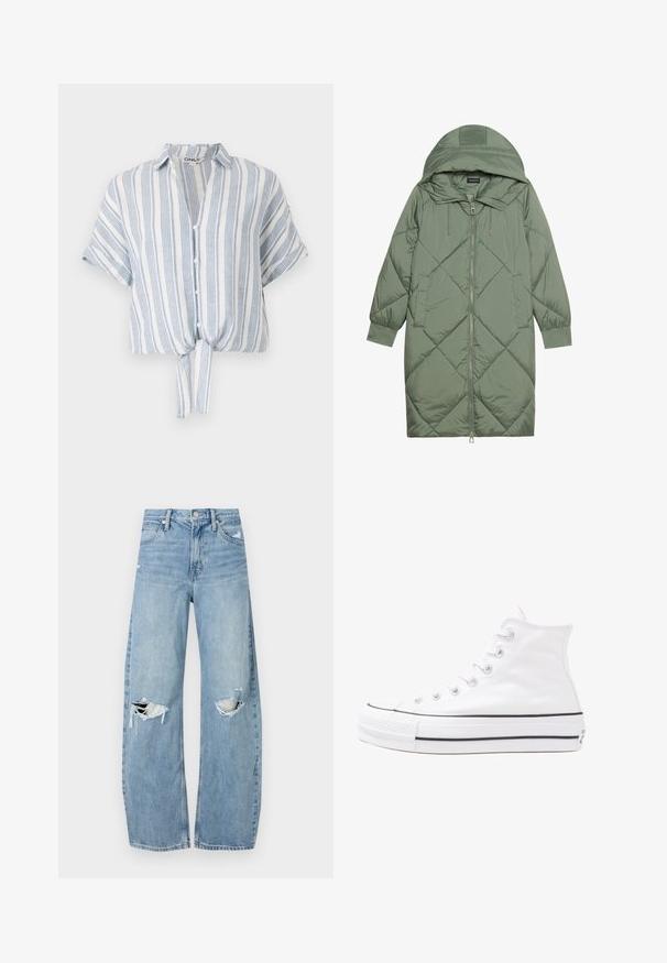 Quilted long green puffer coat with a hood, featuring a front zipper closure and two side pockets. Textured diamond pattern throughout.; Short-sleeve cropped shirt in lightweight fabric, featuring blue and white vertical stripes, button front, and tie detail at the waist.; Light blue, high-waisted jeans made of denim. Feature wide legs, two torn knee areas, and classic five-pocket styling.; White high-top canvas sneaker with black rubber sole, front rubber toe cap, and six eyelets for laces, featuring a clean, minimalist design.