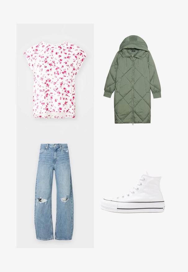 Abrigo acolchado largo verde tipo puffer con capucha, que presenta un cierre frontal con cremallera y dos bolsillos laterales. Patrón de diamantes texturizado en toda su superficie.; Top blanco con un patrón floral en tonos rosas, mangas dolman cortas y un corte relajado con un escote redondeado. Detalle de tejido texturizado.; Vaqueros de mezclilla de tiro alto en azul claro. Tienen piernas anchas, dos áreas desgastadas en las rodillas y un estilo clásico de cinco bolsillos.; Zapatilla de lona alta blanca con suela de goma negra, puntera de goma frontal y seis ojetes para los cordones, que presenta un diseño limpio y minimalista.