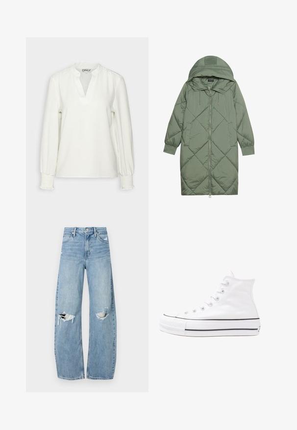 Quiltet lang grønn pufferjakke med hette, med en frontglidelås og to sidelommer. Teksturerte diamantmønster overalt.; Hvit langermet topp med V-hals og smockede mansjetter. Laget av mykt stoff, med en avslappet passform og subtil tekstur. Merket synlig.; Lyseblå høytlivsjeans laget av denim. Har vide bein, to revne knær og klassisk fem-lommers design.; Hvit høy-skinn kanvas sneakers med svart gummisåle, gummitåhette foran og seks hull for snorer, med et rent, minimalistisk design.