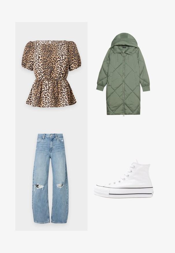 Vihreä vuorattu pitkänmallinen puhvitakki, jossa on huppu, etuvetoketju ja kaksi sivutaskua. Koko takin pinta on teksturoidussa timanttikuviossa.; Paita kuosis leopardilla, jossa on lyhyet puffihihat, vyötäröltä noin kireä ja helma levenee alaosasta. Valmistettu sileästä kankaasta ruskean ja beigen sävyissä.; Vaaleansiniset, korkeavyötäröiset farkut, jotka on valmistettu denimmateriaalista. Ominaisuuksiin kuuluvat leveät lahkeet, kaksi revittyä polvialuetta ja klassinen viiden taskun tyyli.; Valkoiset korkeavartiset kangaskengät mustalla kumipohjalla, edessä kuminen varvasosa ja kuusi nauha-aukkoa, puhtaan minimalistisella muotoilulla.