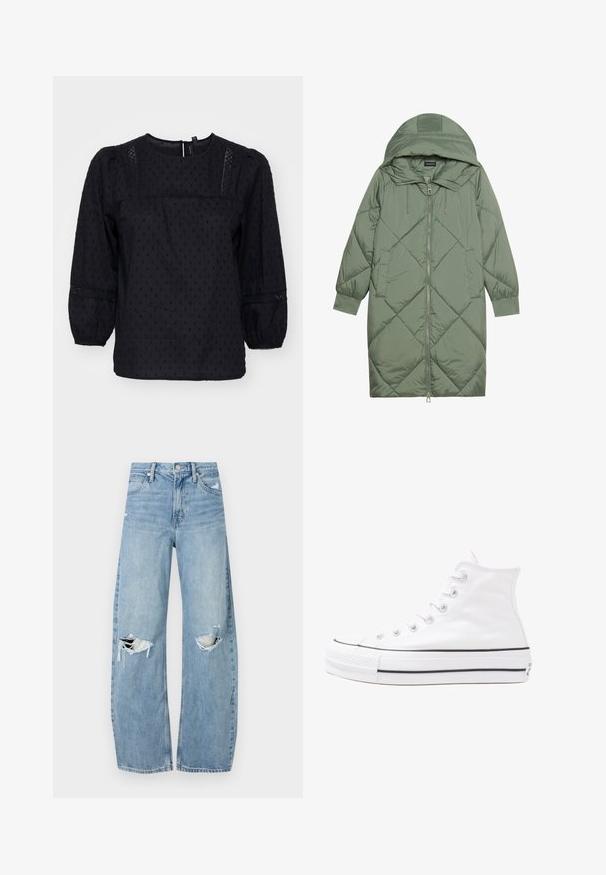 Quiltana duga zelena puffer jakna s kapuljačom, s prednjim zatvaračem i dva bočna džepa. Teksturni dijamantni uzorak kroz cijelu jaknu.; Crna bluzica s napuhanim rukavima, teksturiranim točkicama i čipkastim detaljima na ramenima i manžetama. Okrugli izrez. Mekani materijal.; Svijetloplave, visoko-strukirane traperice. Imaju široke nogavice, dva razderana područja na koljenima i klasičan stil s pet džepova.; Bijela visoka platnena tenisica s crnom gumenom potplatom, prednjim gumenim zaštitnikom prstiju i šest rupa za vezanje, s čistim, minimalističkim dizajnom.