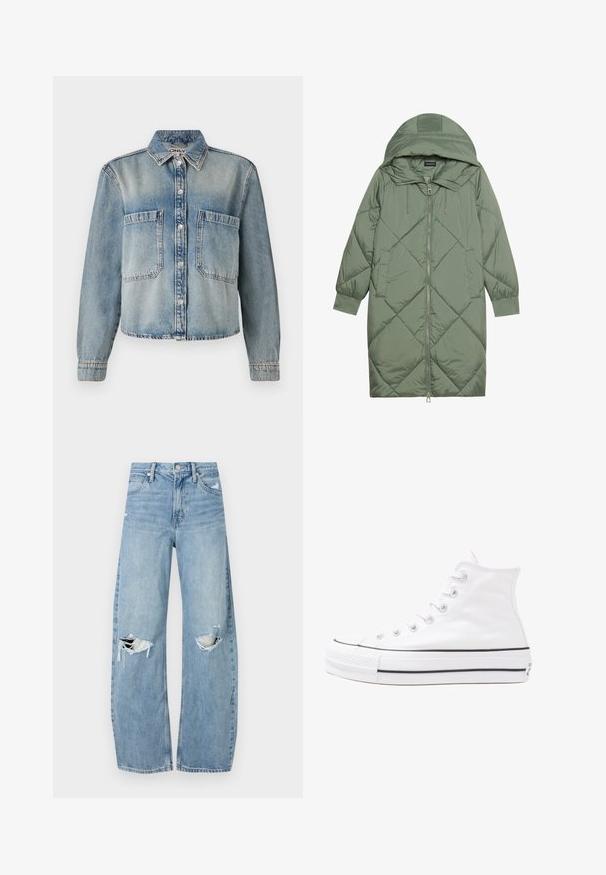Puchowy, długi, zielony płaszcz z kapturem, z zamkiem błyskawicznym z przodu i dwoma bocznymi kieszeniami. Całość pokryta fakturowanym wzorem diamentowym.; Jasnoniebieska kurtka dżinsowa z wyostrzonym kołnierzem, zapinana na guziki, z dwoma kieszeniami na piersi. Posiada długie rękawy i lekko skrócony krój.; Jasnoniebieskie, wysokiej talii dżinsy wykonane z denimu. Posiadają szerokie nogawki, dwa podarte miejsca na kolanach oraz klasyczne pięć kieszeni.; Białe wysokie trampki z płótna z czarną gumową podeszwą, przednim czubkiem z gumy i sześcioma dziurkami na sznurowadła, charakteryzujące się prostym, minimalistycznym designem.