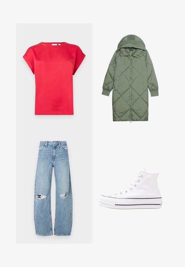 Cappotto lungo imbottito verde con un cappuccio, caratterizzato da una chiusura frontale a zip e due tasche laterali. Motivo a rombi testurizzati su tutta la superficie.; Maglietta rossa a maniche corte realizzata in materiale liscio, con scollatura rotonda e maniche arrotolate, caratterizzata da una vestibilità comoda e senza motivi visibili.; Jeans azzurri chiari a vita alta realizzati in denim. Presentano gambe larghe, due aree strappate sulle ginocchia e il classico styling a cinque tasche.; Sneaker alta in tela bianca con suola in gomma nera, punta in gomma frontale e sei asole per i lacci, caratterizzata da un design pulito e minimalista.