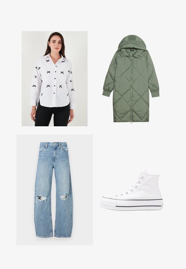 Gesteppten langer grüner Daunenmantel mit Kapuze, mit einem Reißverschluss vorne und zwei Seitentaschen. Strukturiertes Rautenmuster auf der gesamten Fläche.; Weißes Hemd mit schwarzer Kreuzstickerei, langen Ärmeln, knöpfbaren Manschetten und schwarzen Knöpfen. Glatte Textur, klassisches Kragen-Design.; Helles, hochtailliertes Jeans aus Denim. Hat weit geschnittene Beine, zwei aufgerissene Kniebereiche und klassischen Fünf-Taschen-Stil.; Weiße hochwertige Leinensneaker mit schwarzer Gummisohle, vorderem Gummizehenschutz und sechs Ösen für Schnürsenkel, die ein sauberes, minimalistisches Design aufweisen.