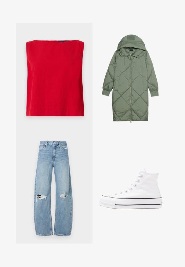 Gesteppten langer grüner Daunenmantel mit Kapuze, mit einem Reißverschluss vorne und zwei Seitentaschen. Strukturiertes Rautenmuster auf der gesamten Fläche.; Rotes kurzärmliges Oberteil mit quadratischem Ausschnitt, aus leichtem Baumwollstoff, mit glatter Textur und geradem Saum.; Helles, hochtailliertes Jeans aus Denim. Hat weit geschnittene Beine, zwei aufgerissene Kniebereiche und klassischen Fünf-Taschen-Stil.; Weiße hochwertige Leinensneaker mit schwarzer Gummisohle, vorderem Gummizehenschutz und sechs Ösen für Schnürsenkel, die ein sauberes, minimalistisches Design aufweisen.