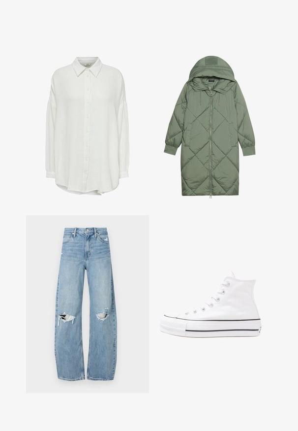 Gequiltede lange groene pufferjas met een capuchon, met een ritssluiting aan de voorkant en twee zijzakken. Gelaagd ruitpatroon overal.; Witte, geplooide button-up shirt met kraag, met lange mouwen en een losse pasvorm, van textuurstof, en met knoopsluiting aan de voorkant.; Lichtblauwe, hooggeritste jeans van denim. Beschikken over wijde pijpen, twee gescheurde knievalken en klassieke vijfzakken styling.; Witte high-top canvas sneakers met een zwarte rubberen zool, een rubberen neuskap aan de voorkant en zes gaatjes voor veters, met een schone, minimalistische uitstraling.