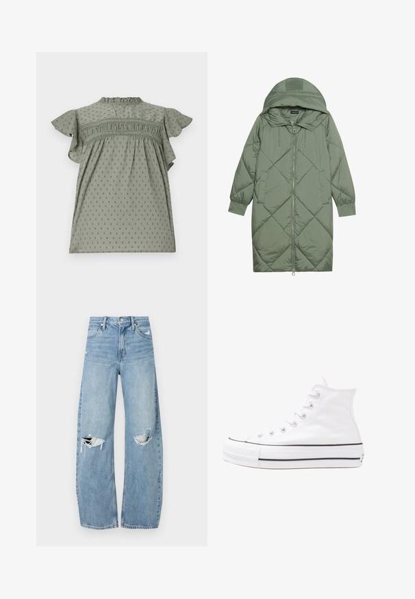 Steppelt, hosszú zöld pufikabát kapucnival, elöl cipzáras záródással és két oldalsó zsebből áll. Az anyagon teljes hosszában váltakozó gyémántmintázat található.; Zöld ruha rövid fodros ujjal, texturált anyaggal, pöttyös mintával, ráncolt részletekkel a mellrészen, és magas nyakkal.; Világoskék, magas derekú farmernadrág. Széles lábakkal, két szakadt térddel és klasszikus öt zsebes dizájnnal rendelkezik.; Fehér magaskorsó vászon sportcipő fekete gumi talppal, elülső gumi orrnyereggel és hat fűzőlyukkal, letisztult, minimalista dizájnnal.