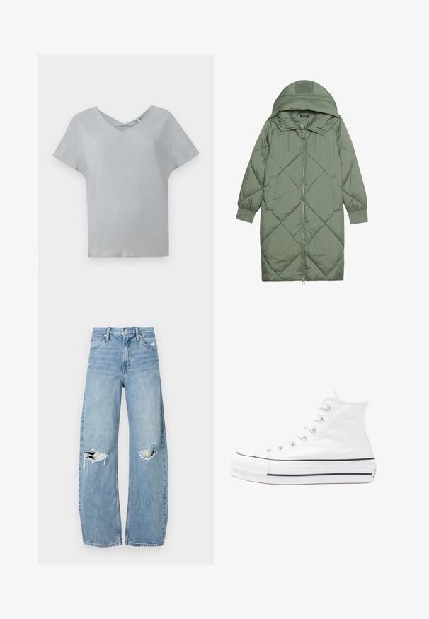 Prošívaný dlouhý zelený péřový kabát s kapucí, který má přední zip a dvě boční kapsy. Po celém povrchu je texturovaný diamantový vzor.; Světle šedý top s krátkým rukávem ve tvaru V s křížením v oblasti výstřihu, vyrobený z měkkého materiálu s hladkou texturou.; Světle modré džíny s vysokým pasem vyrobené z denimu. Mají široké nohavice, dvě roztržené oblasti na kolenou a klasický pětikapsový střih.; Bílé vysoké plátěné tenisky s černou gumovou podrážkou, přední gumovou špičkou a šesti očky na tkaničky, se čistým, minimalistickým designem.