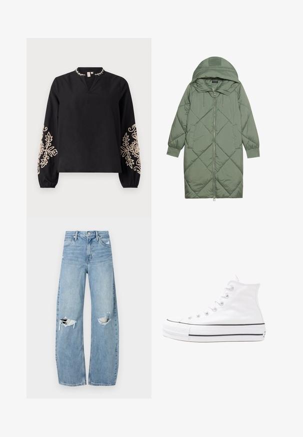Quiltet lang grønn pufferjakke med hette, med en frontglidelås og to sidelommer. Teksturerte diamantmønster overalt.; Svart bluse med V-hals og lange ermer. Har dekorativ beige broderi på ermene og en rynket kragedetalj. Glatt stoff.; Lyseblå høytlivsjeans laget av denim. Har vide bein, to revne knær og klassisk fem-lommers design.; Hvit høy-skinn kanvas sneakers med svart gummisåle, gummitåhette foran og seks hull for snorer, med et rent, minimalistisk design.