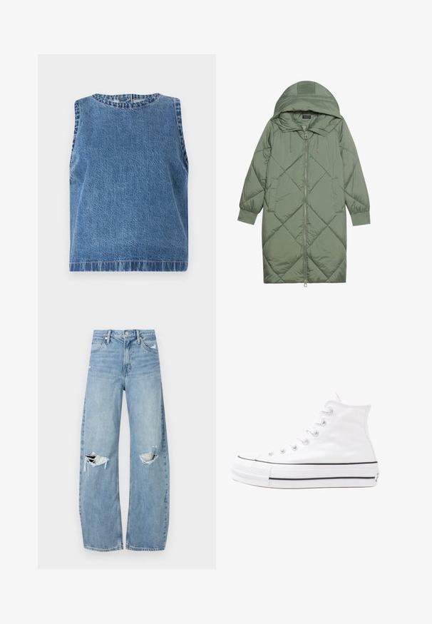 Quilted long green puffer coat with a hood, featuring a front zipper closure and two side pockets. Textured diamond pattern throughout.; Abercrombie & Fitch Denim Shell Top - Blouse - blue; Light blue, high-waisted jeans made of denim. Feature wide legs, two torn knee areas, and classic five-pocket styling.; White high-top canvas sneaker with black rubber sole, front rubber toe cap, and six eyelets for laces, featuring a clean, minimalist design.