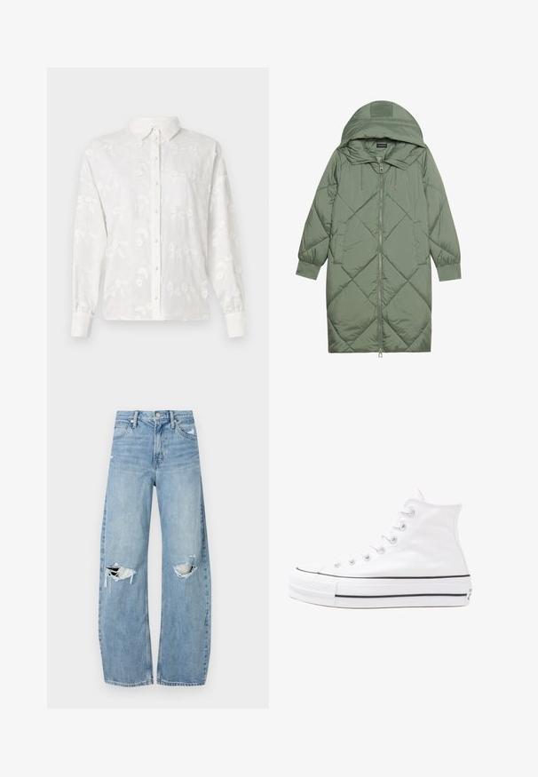 Quilted long green puffer coat with a hood, featuring a front zipper closure and two side pockets. Textured diamond pattern throughout.; White long-sleeve button-up shirt featuring a textured floral embroidery pattern, pointed collar, and contrasting button placket.; Light blue, high-waisted jeans made of denim. Feature wide legs, two torn knee areas, and classic five-pocket styling.; White high-top canvas sneaker with black rubber sole, front rubber toe cap, and six eyelets for laces, featuring a clean, minimalist design.