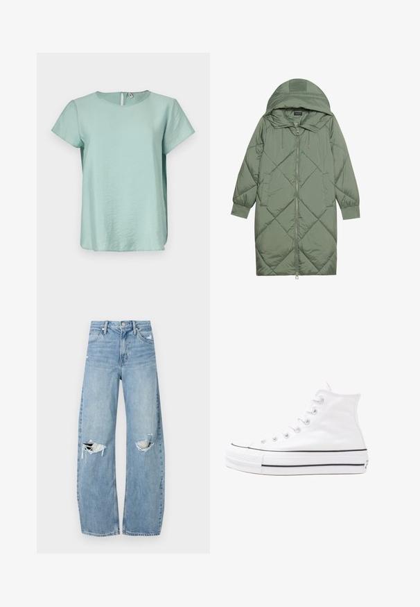 Quiltet lang grønn pufferjakke med hette, med en frontglidelås og to sidelommer. Teksturerte diamantmønster overalt.; Mintgrønn kortermet topp med rund hals og en liten nøkkelhulåpning bak, laget av et glatt, lett stoff.; Lyseblå høytlivsjeans laget av denim. Har vide bein, to revne knær og klassisk fem-lommers design.; Hvit høy-skinn kanvas sneakers med svart gummisåle, gummitåhette foran og seks hull for snorer, med et rent, minimalistisk design.