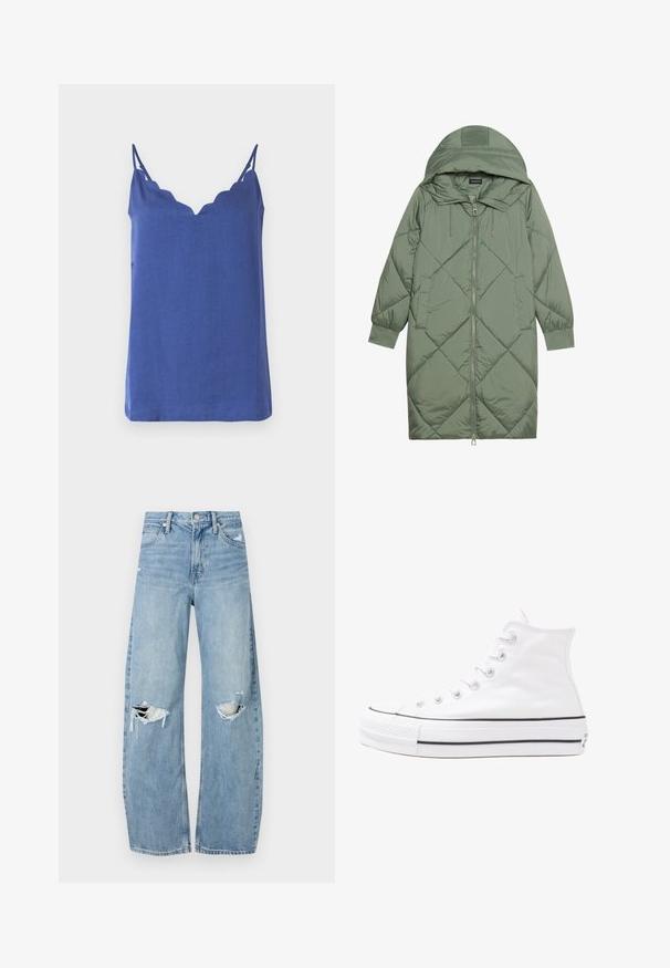 Gequiltede lange groene pufferjas met een capuchon, met een ritssluiting aan de voorkant en twee zijzakken. Gelaagd ruitpatroon overal.; Blauwe mouwloze top met een gegolfde halslijn, gemaakt van lichtgewicht stof, met dunne bandjes en een relaxte pasvorm.; Lichtblauwe, hooggeritste jeans van denim. Beschikken over wijde pijpen, twee gescheurde knievalken en klassieke vijfzakken styling.; Witte high-top canvas sneakers met een zwarte rubberen zool, een rubberen neuskap aan de voorkant en zes gaatjes voor veters, met een schone, minimalistische uitstraling.