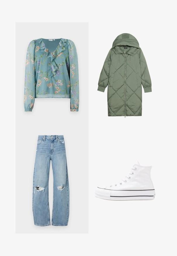 Steppelt, hosszú zöld pufikabát kapucnival, elöl cipzáras záródással és két oldalsó zsebből áll. Az anyagon teljes hosszában váltakozó gyémántmintázat található.; Virágmintás blúz áttetsző világos türkiz anyagból; fodros nyakkivágással, hosszú ujjal és apró, színes virágmintákkal díszítve.; Világoskék, magas derekú farmernadrág. Széles lábakkal, két szakadt térddel és klasszikus öt zsebes dizájnnal rendelkezik.; Fehér magaskorsó vászon sportcipő fekete gumi talppal, elülső gumi orrnyereggel és hat fűzőlyukkal, letisztult, minimalista dizájnnal.