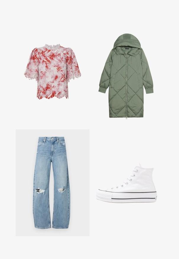 Quilted long green puffer coat with a hood, featuring a front zipper closure and two side pockets. Textured diamond pattern throughout.; Red and white short-sleeved blouse featuring floral lace patterns, scalloped edges, and a high neck with intricate trim and cut-out details.; Light blue, high-waisted jeans made of denim. Feature wide legs, two torn knee areas, and classic five-pocket styling.; White high-top canvas sneaker with black rubber sole, front rubber toe cap, and six eyelets for laces, featuring a clean, minimalist design.