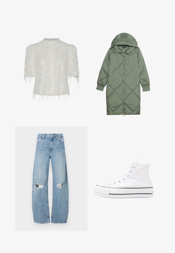 Gesteppten langer grüner Daunenmantel mit Kapuze, mit einem Reißverschluss vorne und zwei Seitentaschen. Strukturiertes Rautenmuster auf der gesamten Fläche.; Weiße Bluse mit kurzen Puffärmeln, die vertikale Paillettenmuster und Fransenverzierungen am Saum aufweist, um zusätzliche Struktur zu verleihen.; Helles, hochtailliertes Jeans aus Denim. Hat weit geschnittene Beine, zwei aufgerissene Kniebereiche und klassischen Fünf-Taschen-Stil.; Weiße hochwertige Leinensneaker mit schwarzer Gummisohle, vorderem Gummizehenschutz und sechs Ösen für Schnürsenkel, die ein sauberes, minimalistisches Design aufweisen.