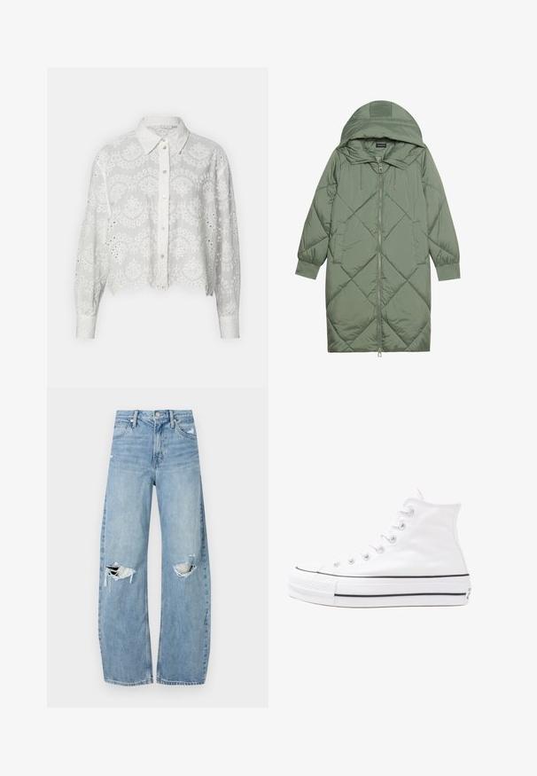 Prošívaný dlouhý zelený péřový kabát s kapucí, který má přední zip a dvě boční kapsy. Po celém povrchu je texturovaný diamantový vzor.; Bílá zkrácená košile s knoflíky, vyšívanými květinovými vzory, límečkem a dlouhými rukávy, s výřezy podél okrajů.; Světle modré džíny s vysokým pasem vyrobené z denimu. Mají široké nohavice, dvě roztržené oblasti na kolenou a klasický pětikapsový střih.; Bílé vysoké plátěné tenisky s černou gumovou podrážkou, přední gumovou špičkou a šesti očky na tkaničky, se čistým, minimalistickým designem.