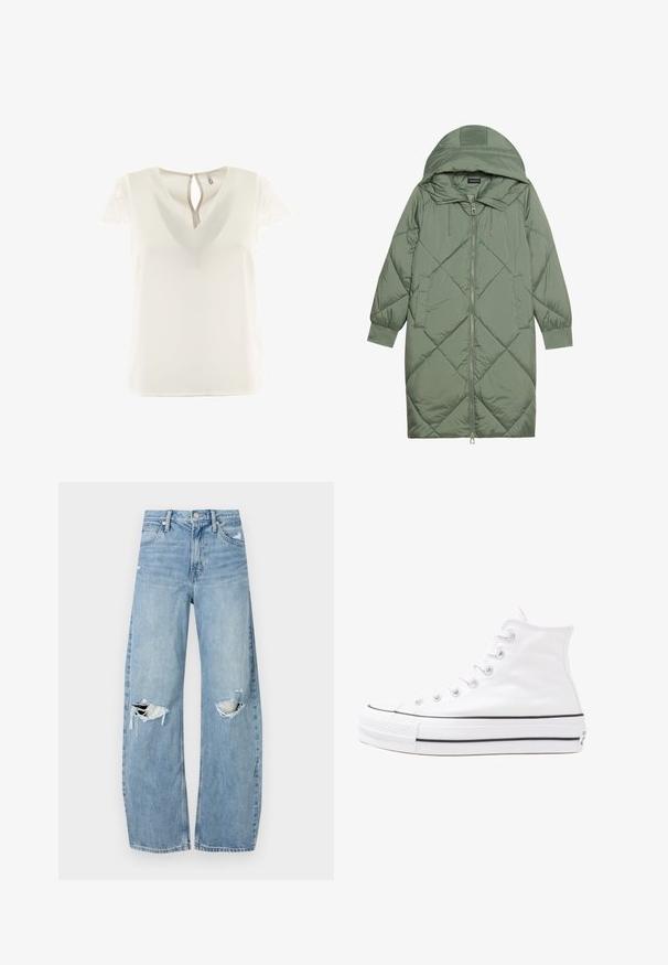 Pistetud pikk roheline puffermantel kapuutsiga, esiküljel tõmblukuga ja kahe küljetaskuga. Kogu pinnal on struktureeritud rombikujundus.; Valge pluus V-kaelusega ja pitsist lühikeste varrukatega. Seljal on võtmeaugu stiilis avaus. Sile tekstuur, kerge kangas.; Heledad hallideega sinised teksad, millel on kõrge talje. Teksade jalgadel on lai alus, kaks rebitud kohta põlvede ümber ning klassikaline viie tasku stiil.; Valge kõrgem kangast tenniseking, millel on must kummist tald, ees kummist varvasetugi ja kuus aukku paelte jaoks, pakkudes puhta ja minimalistliku disaini.