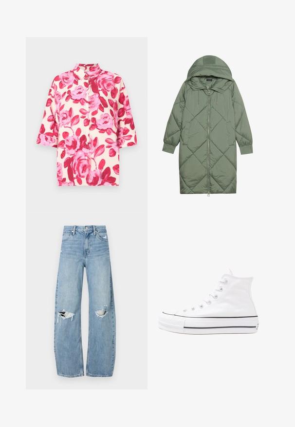 Cappotto lungo imbottito verde con un cappuccio, caratterizzato da una chiusura frontale a zip e due tasche laterali. Motivo a rombi testurizzati su tutta la superficie.; Camicetta a maniche corte con bottoni di colore crema, decorata con una grande stampa floreale rosa; presenta un colletto classico e una vestibilità rilassata. Il tessuto ha una consistenza liscia.; Jeans azzurri chiari a vita alta realizzati in denim. Presentano gambe larghe, due aree strappate sulle ginocchia e il classico styling a cinque tasche.; Sneaker alta in tela bianca con suola in gomma nera, punta in gomma frontale e sei asole per i lacci, caratterizzata da un design pulito e minimalista.