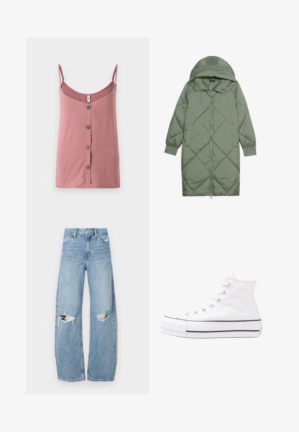 Quiltuotas ilgas žalias pūkinis paltas su kapuce, turintis priekinį užtrauktuką ir dvi šonines kišenes. Visame paviršiuje yra tekstūrinis rombų raštas.; Rožinė be rankovių palaidinė iš lygaus audinio su reguliuojamomis petnešomis, turinti mygtukų užsegimą priekyje ir laisvą siluetą. Puikiai tinka šiltam orui.; Šviesiai mėlynos, aukštu juosmeniu džinsai pagaminti iš džinsinio audinio. Turi plačias kojų kelnes, dvi suplėšytas kelio vietas ir klasikinį penkių kišenių dizainą.; Balti aukštakulniai drobės sportbačiai su juodu guminio pado, priekinio guminio piršto dangteliu ir šešiais akytėmis raištams, pasižymintys švariu, minimalistiniu dizainu.