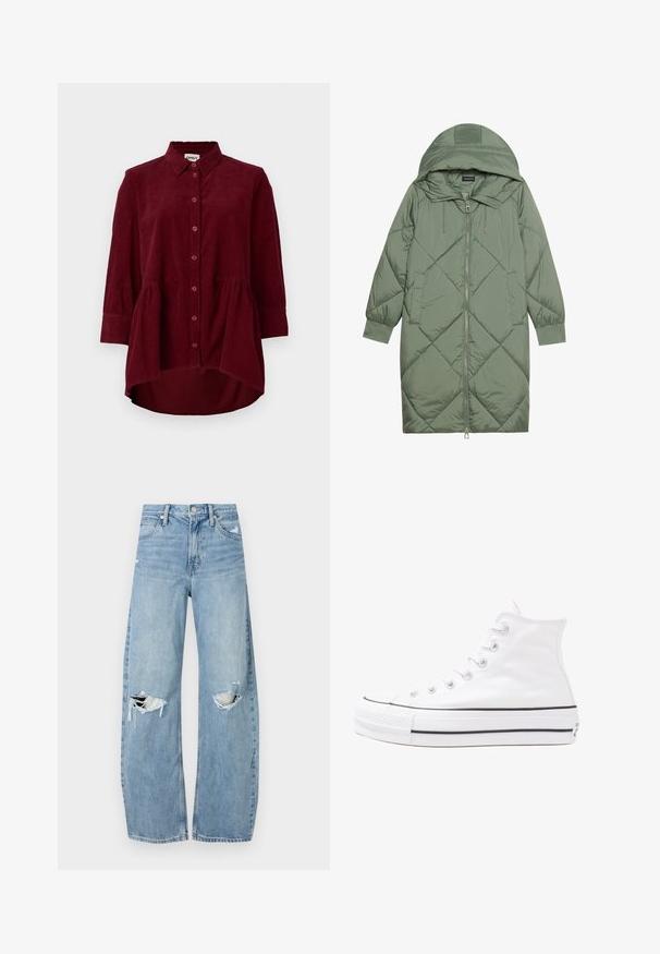 Quiltuotas ilgas žalias pūkinis paltas su kapuce, turintis priekinį užtrauktuką ir dvi šonines kišenes. Visame paviršiuje yra tekstūrinis rombų raštas.; Burgundiškai raudona kordurojine palaidine su klasikinėmis apykaklėmis, mygtukų užsegimu ir trimis ketvirčiais rankovių; pasižymi peplum apačia ir tekstūruota audinio struktūra.; Šviesiai mėlynos, aukštu juosmeniu džinsai pagaminti iš džinsinio audinio. Turi plačias kojų kelnes, dvi suplėšytas kelio vietas ir klasikinį penkių kišenių dizainą.; Balti aukštakulniai drobės sportbačiai su juodu guminio pado, priekinio guminio piršto dangteliu ir šešiais akytėmis raištams, pasižymintys švariu, minimalistiniu dizainu.