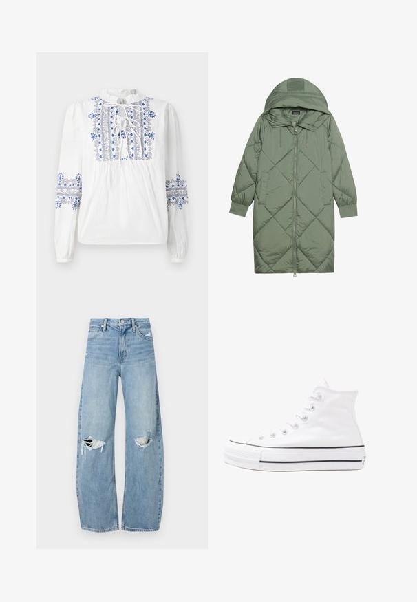 Vadderad lång grön pufferjacka med huva, med en framsidan dragkedjestängning och två sidofickor. Strukturerad diamantmönster över hela plagget.; Vit blus med blå och svart broderi längs axelparti och ärmar. Har en knytkrage och samlad byst. Långa, elastiska ärmar.; Ljusblå, högmidjade jeans i denim. Har vida ben, två slitna knäområden och klassisk femfickedesign.; Vit hög topp canvas sneaker med svart gummisulan, framsidan gummitåhätta och sex öglor för snören, med en ren, minimalistisk design.