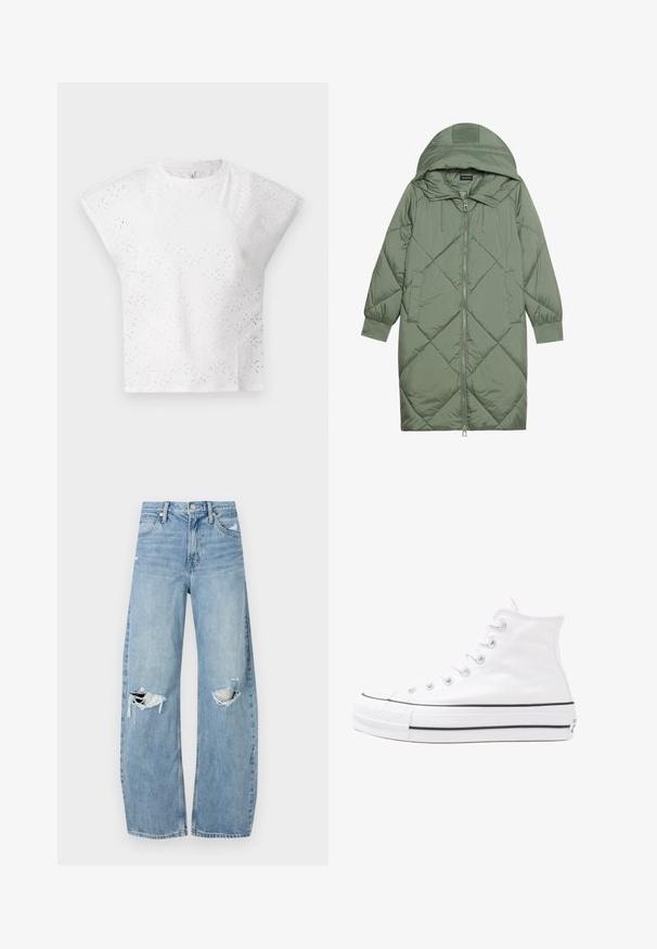 Zelený prešívaný páperový kabát s kapucňou, so zipsovým uzáverom vpredu a dvoma bočnými vreckami. Po celom povrchu je textúrovaný diamantový vzor.; Biely top s krátkym rukávom, ktorý má textúrovaný dizajn s dierkovaním, štruktúrované ramená a okrúhly výstrih. Ľahký materiál.; Svetlomodré, vysoké džínsy vyrobené z denimu. Majú široké nohavice, dve roztrhnuté kolená a klasický päťvreckový strih.; Biele vysoké plátené tenisky s čiernou gumovou podošvou, prednou gumovou špičkou a šiestimi okami na šnúrky, s čistým, minimalistickým dizajnom.