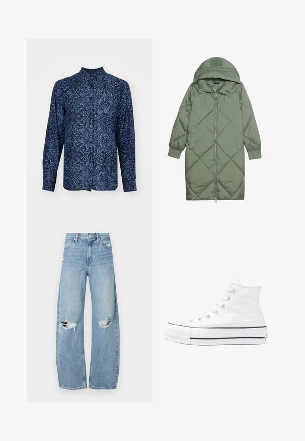 Κοντό πράσινο πούπερ μπουφάν με κουκούλα, διαθέτοντας κεντρικό φερμουάρ και δύο πλαϊνές τσέπες. Υφασμάτινο σχέδιο με ρόμβους σε όλη την επιφάνεια.; Ναυτικό μπλε πουκάμισο με μακριά μανίκια, διακοσμημένο με περίπλοκα ανοιχτό μπλε λουλούδια και γεωμετρικά σχέδια, διαθέτει κουμπιά μπροστά και γιακά μανταρίνι.; Ανοιχτόμπλε, ψηλόμεσα τζιν φτιαγμένα από τζιν ύφασμα. Διαθέτουν φαρδιές καμπάνες, δύο σκισμένα γόνατα και κλασικό στιλ πέντε τσεπών.; Λευκό ψηλό καμβαδάκι αθλητικό παπούτσι με μαύρη καουτσούκ σόλα, πρόσθιο καουτσούκ καλύμματος δακτύλου και έξι οπές για κορδόνια, με μια καθαρή και μίνιμαλ σχεδίαση.